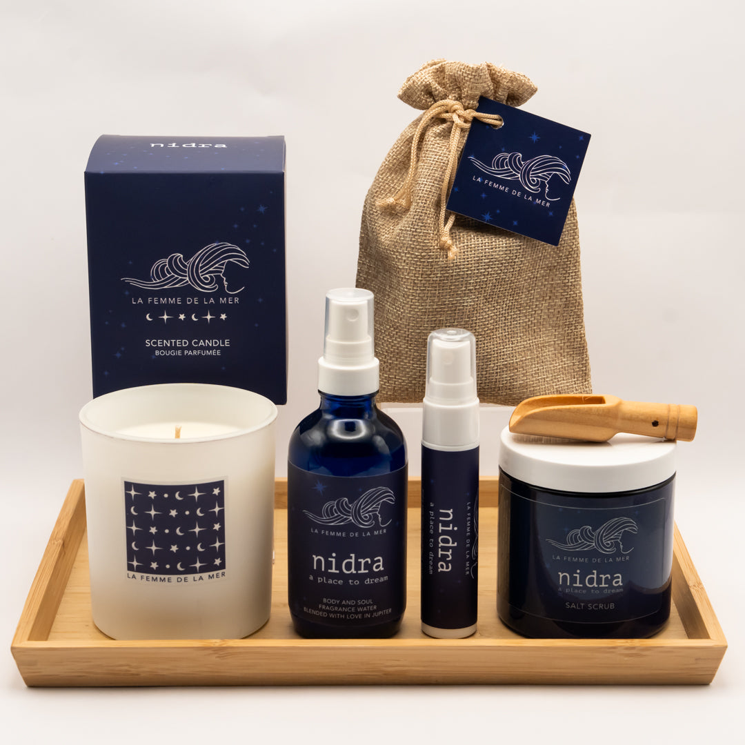 NIDRA BUNDLE Body & Home Mist, Salt Scrub, Organic Soy Candle.