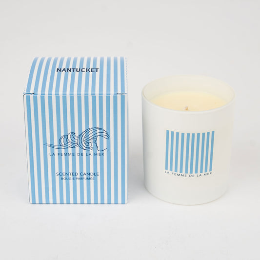 nantucket scent candle box and container 8 oz front white and blue stripes