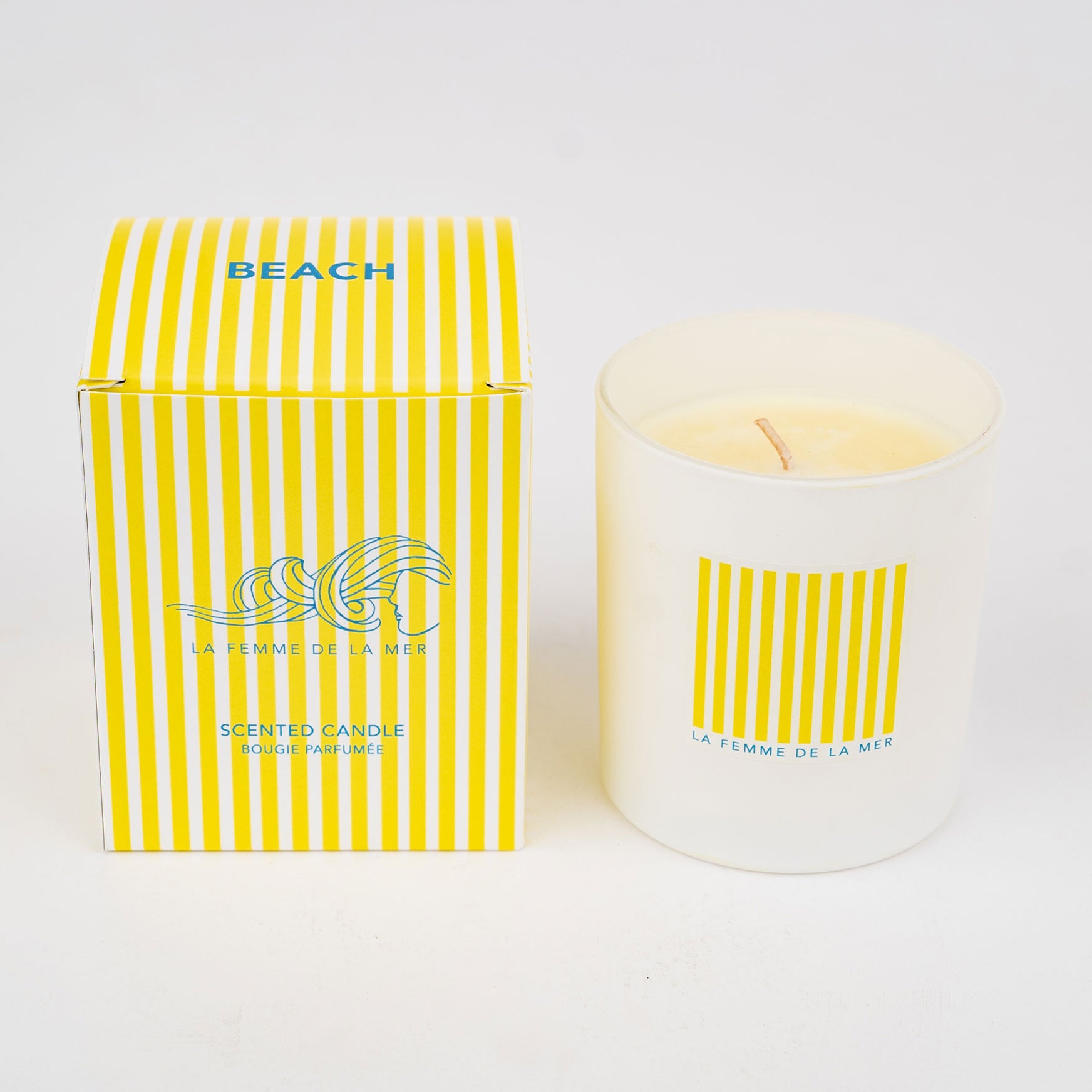 beach scent candle box and container 8 oz front white and yellow stripes