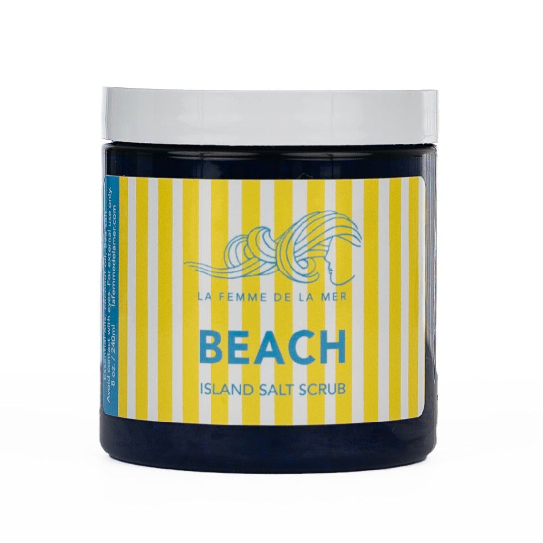 beach scent salt scrub container front white and yellow stripes label