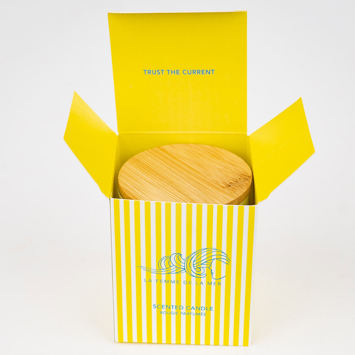 beach scent candle box front white and yellow stripes