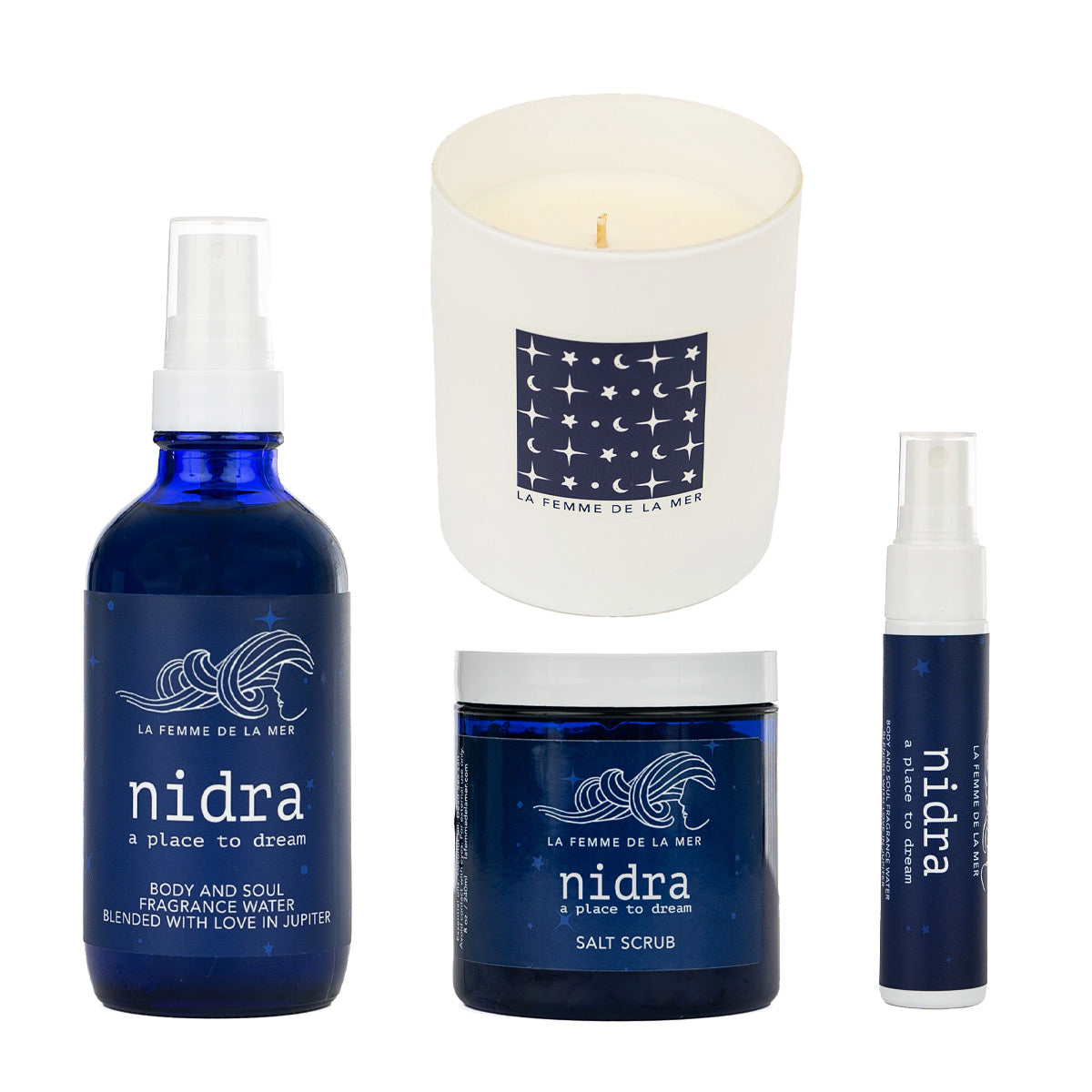 nidra scent bottle mist 4 oz, salt scrub, bottle mist 1 oz, soy candle