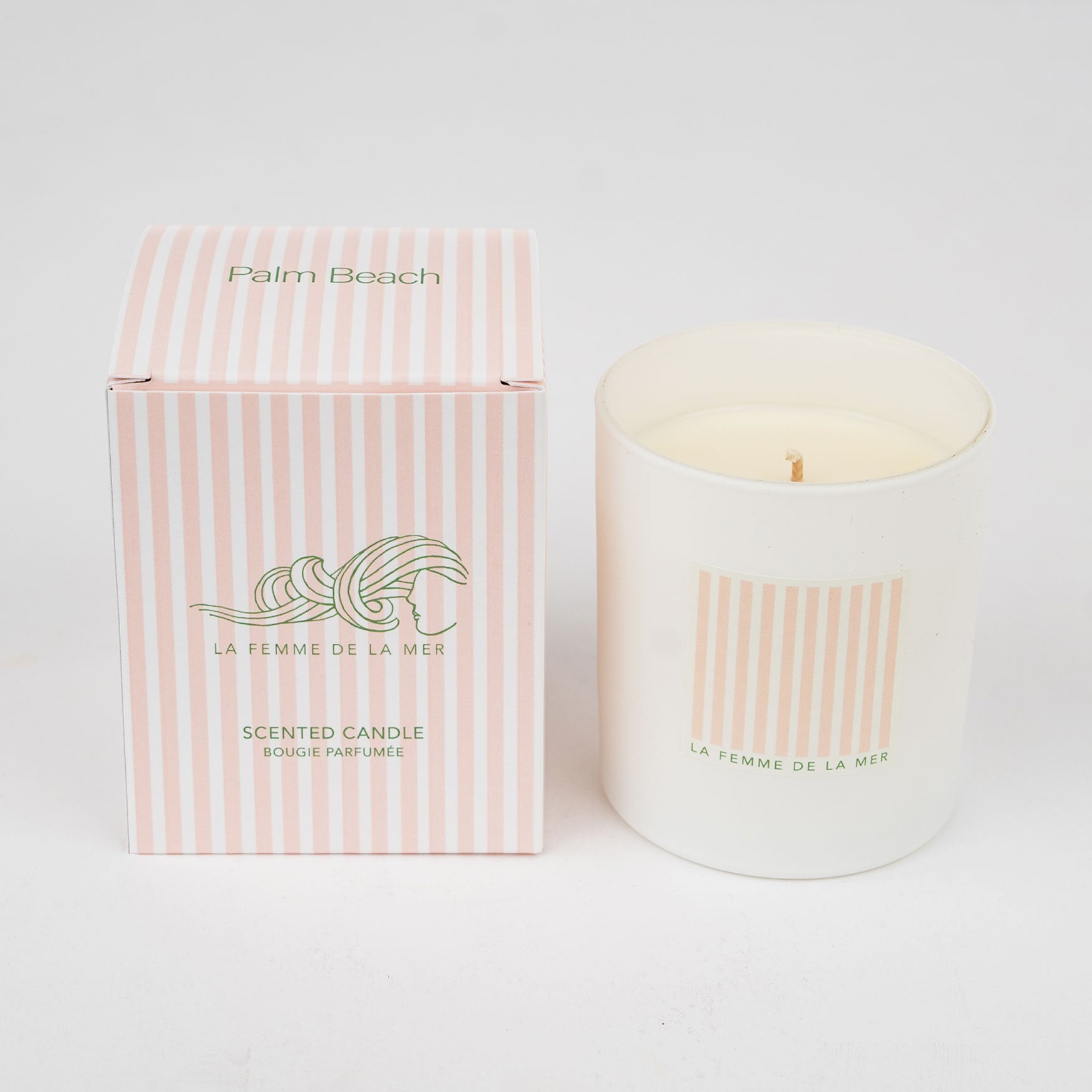 palm beach scent candle box and container 8 oz front white and pink stripes label